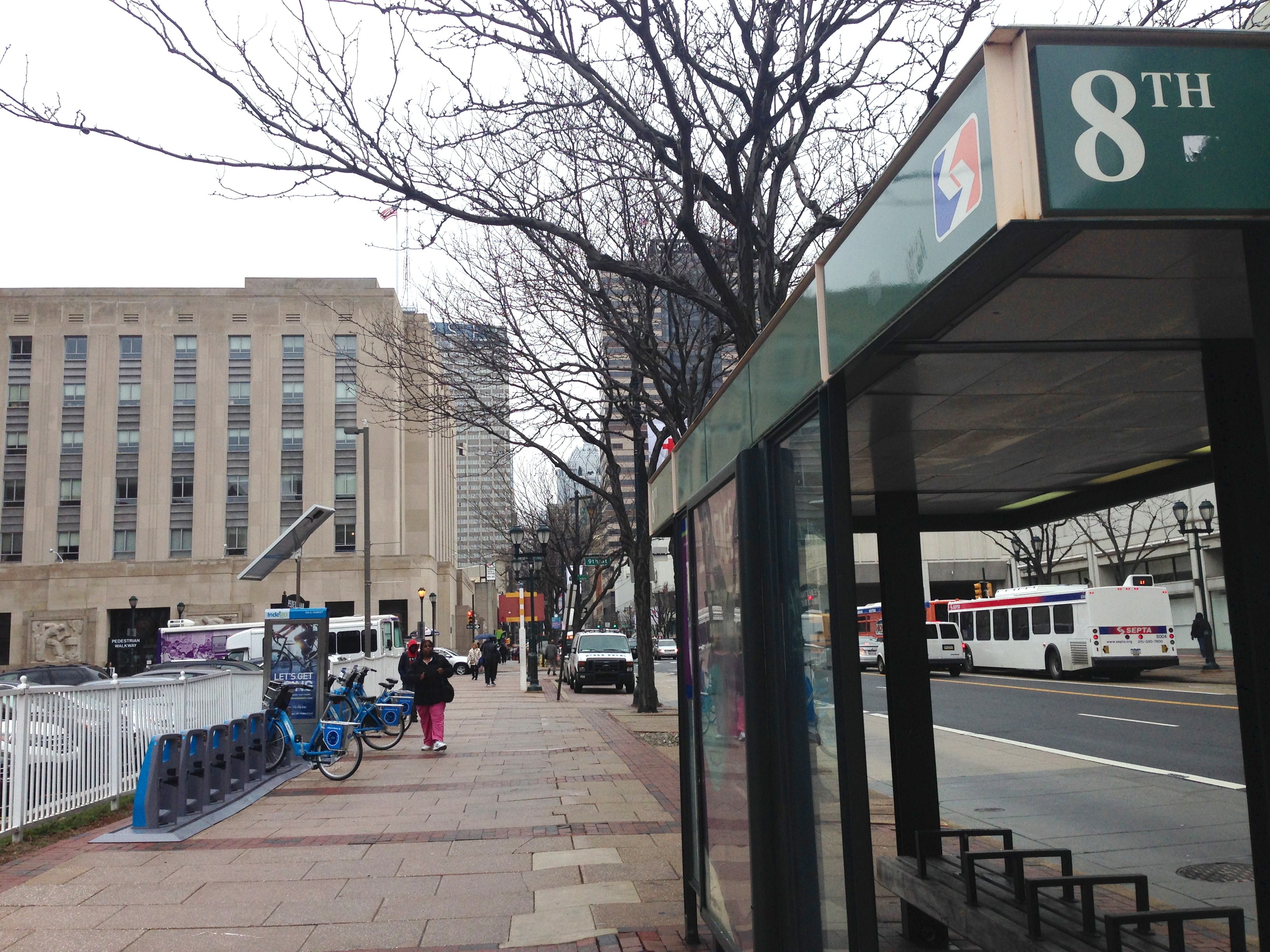 Bus shelter and Indego station on the 800 block of Market