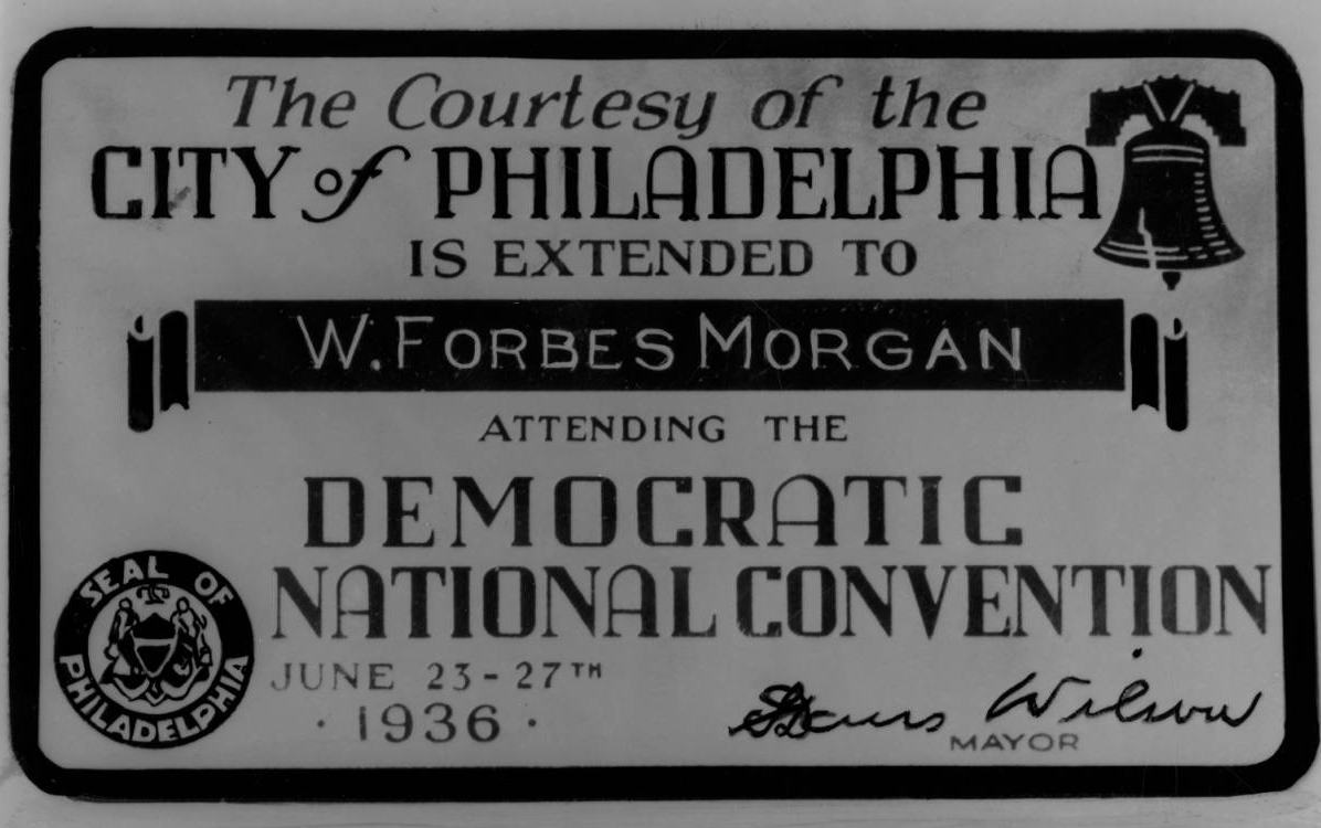 Hand engraved convention courtesy card for delegate W. Forbes Morgan | Philadelphia, June 09, 1936 | Evening Bulletin | Special Collections Research Center, Temple University Libraries, Philadelphia, PA 