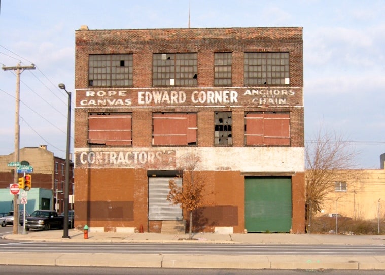 The Edward Corner building at Delaware and Shackamaxon formerly housed a marine supply company.