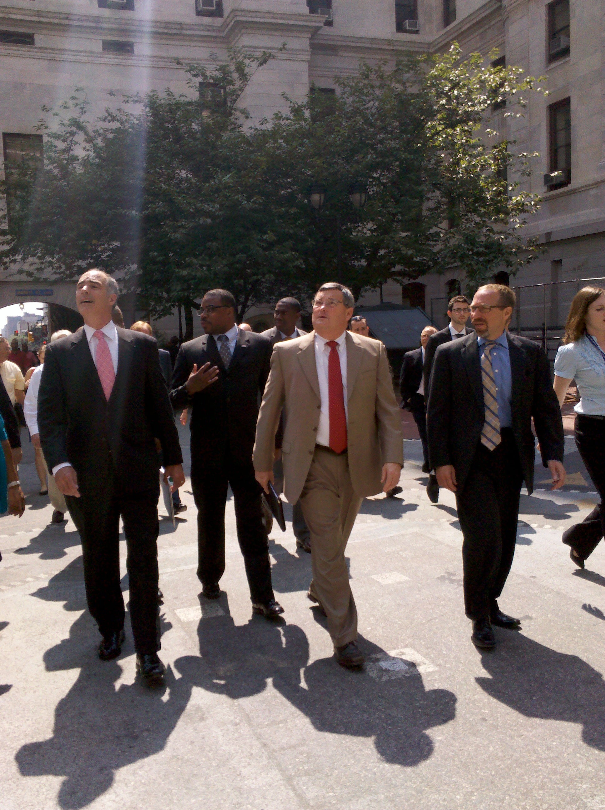 Sen. Bob Casey (from left), union president John Johnson, Casey and Rogoff tour City Hall.