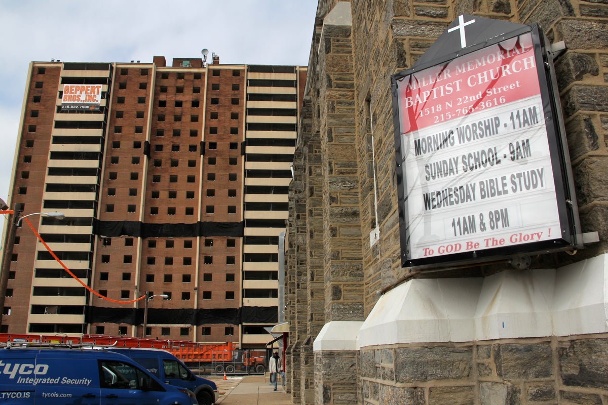 Miller Memorial Baptist Church, Norman Blumberg Apartments behind, March 16, 2016 | Emma Lee/WHYY