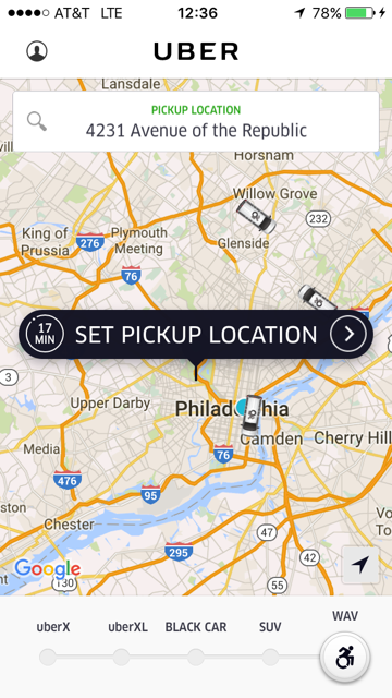 Screenshot of UberWAV app at 12:36 p.m. on Feb. 25, 2016, showing three WAVs available