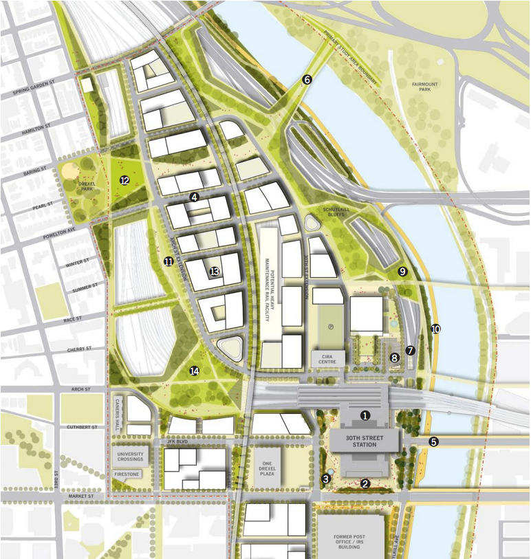 The physical framework - the previous iteration of the plan - shows more rail infrastructure capped and another pedestrian bridge