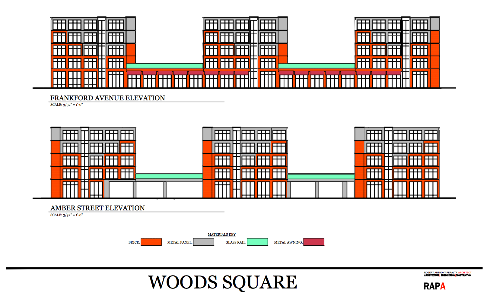 Woods Square: Frankford and Amber Street elevations | RAPA, July 2016 CDR presentation