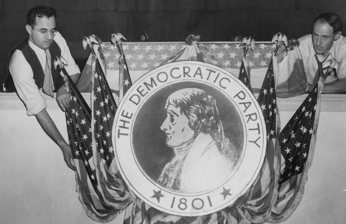Workers put finishing touches on Convention Hall decorations before 1936 Democratic Convention in Philadelphia | Evening Bulletin | Special Collections Research Center, Temple University Libraries, Philadelphia, PA