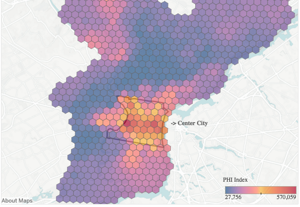 A heatmap showing the spread of high-priced homes in Greater Center City. (Map credit: Econsult Solutions)