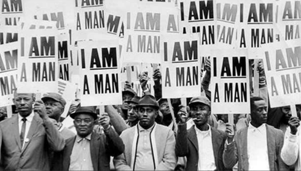 An archival photo of the 1968 sanitation worker strike attended by King in Memphis. 