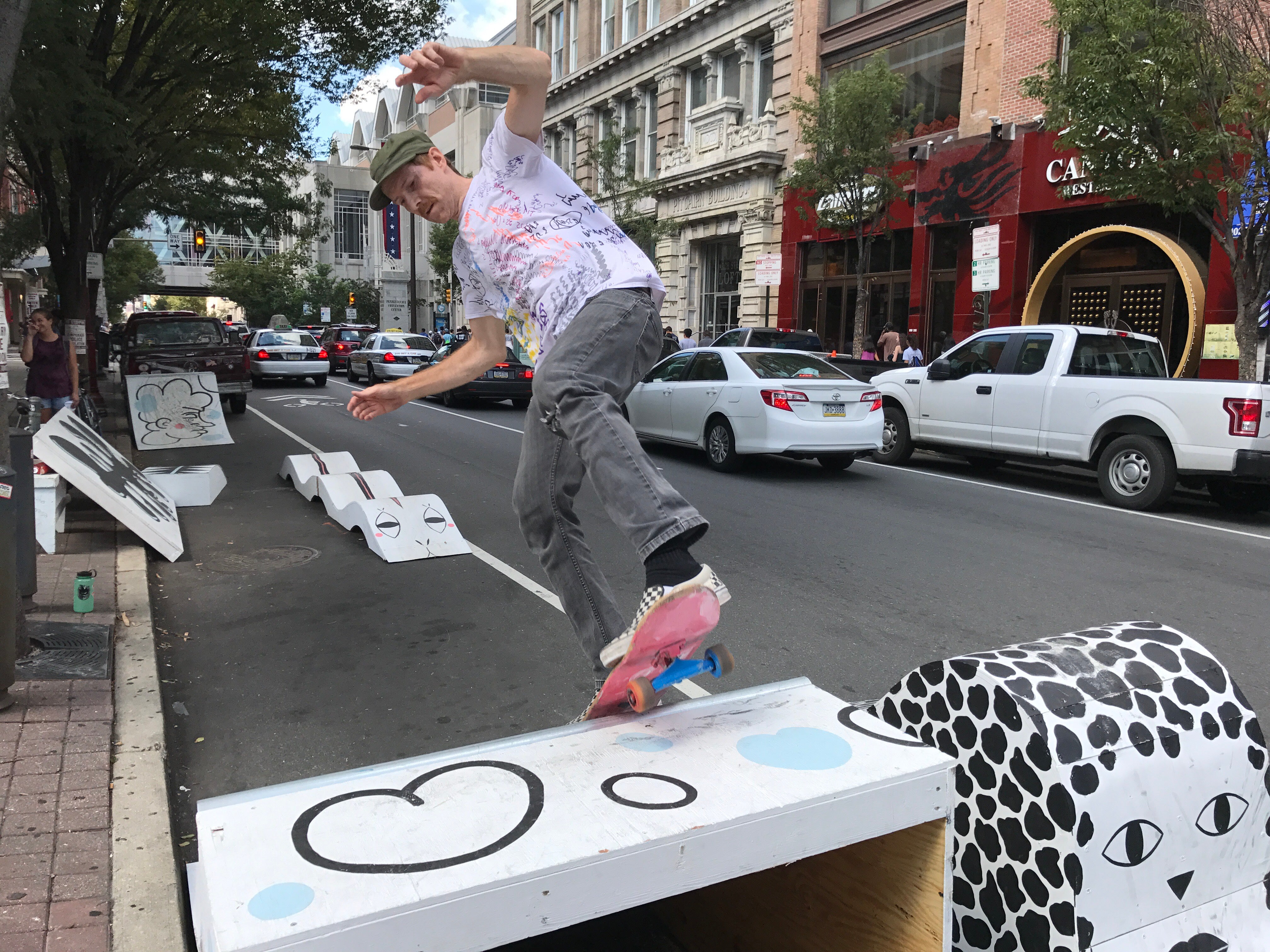  p.p1 {margin: 0.0px 0.0px 0.0px 0.0px; font: 11.0px Calibri} span.s1 {font-kerning: none}   Andrew Jeffrey Wright skates at a pop-up skate parklet at Park(ing) Day 2017 on Arch Street near 11th. Designed by James Booney of Space 1026.