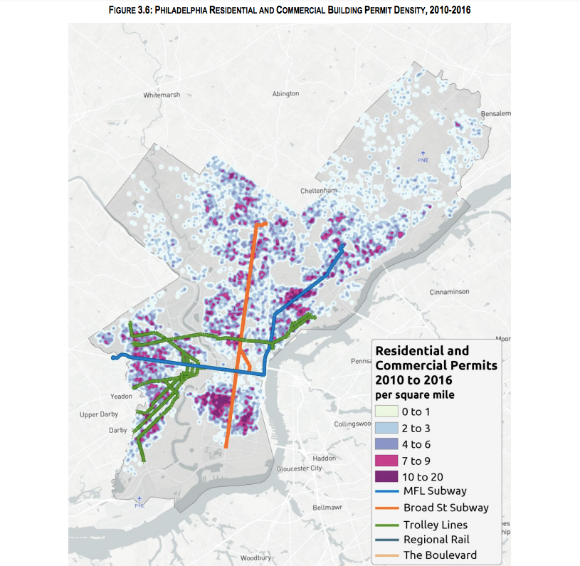 Building permits cluster around SEPTA's subway and trolley lines