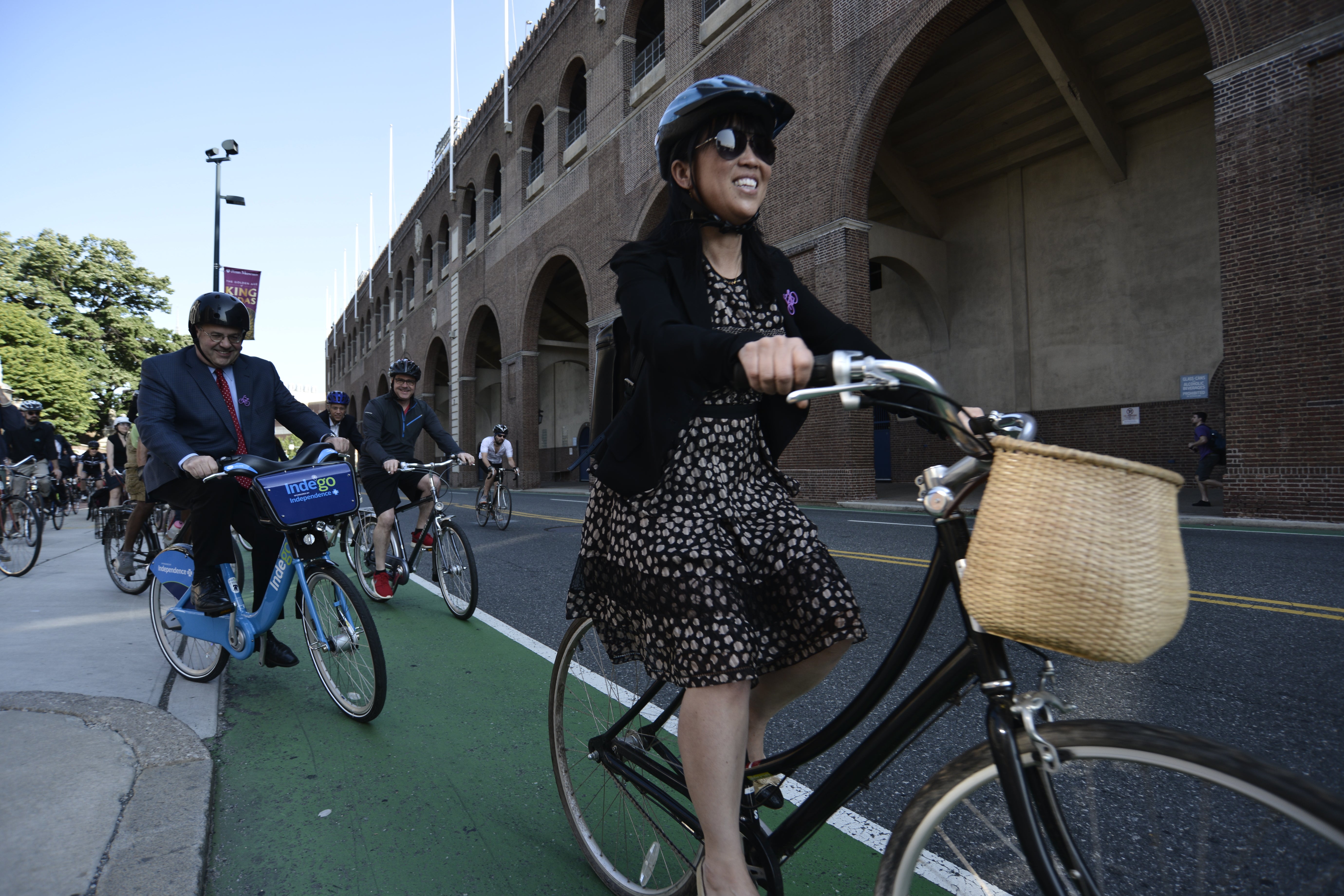 City Council Members Allan Domb, Bobby Henon and Helen Gym (L to R) at the start of the Bike Coalition's Bike to Work Day ride/Bastiaan Slabbers for WHYY