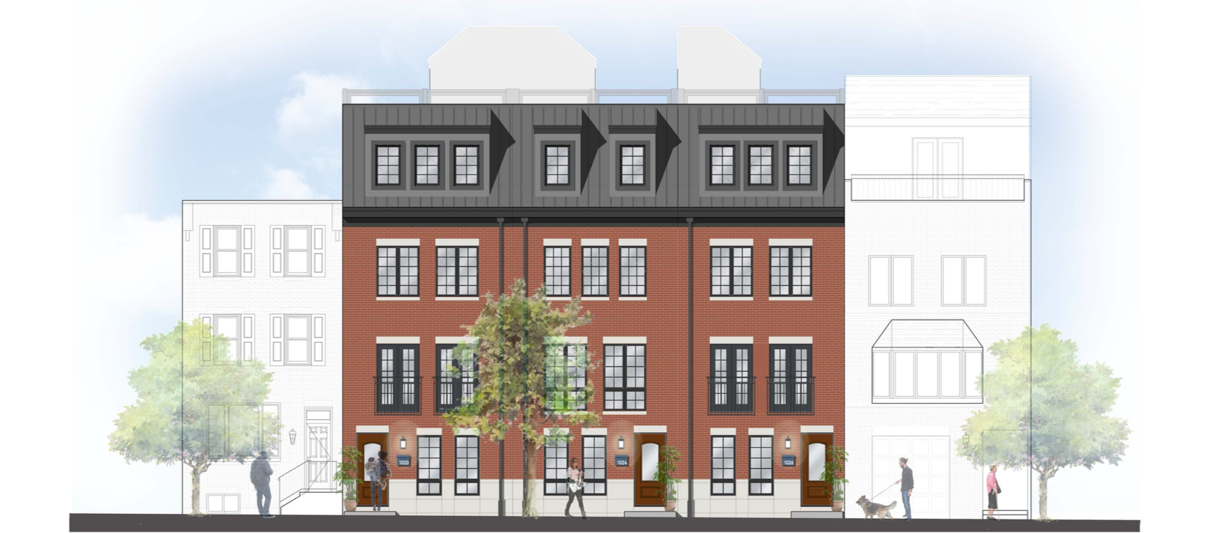 Developer Ori Feibush plans to build $800,000 rowhomes on the Christian Street Baptist site. This rendering shows the elevation on Christian Street. ( Rendering: Landmark Architectural Design/OCF)