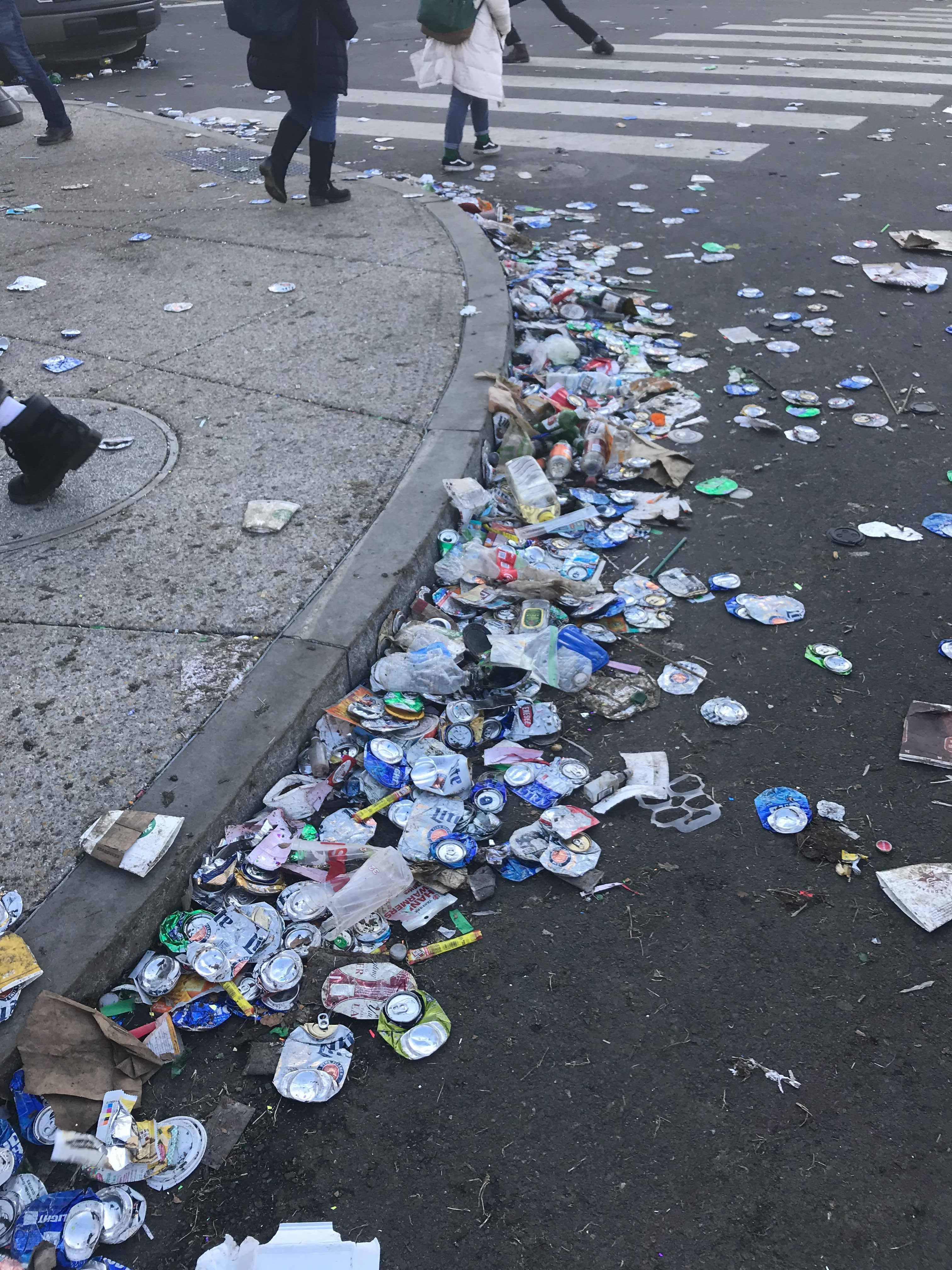 Discarded cans crushed by the crowd in the Aftermath of the Eagles Parade. Credit: Tom Gannon/Nick's Roast Beef 