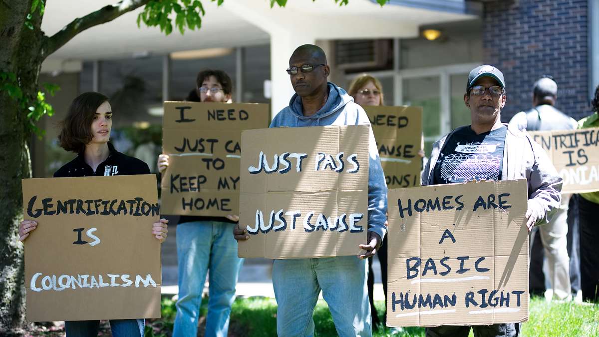 During a rally on May 10, 2017 residents of Penn Wynn House apartment building protest an imminent mass-eviction after the property changed hands recently. (Bastiaan Slabbers for NewsWorks)