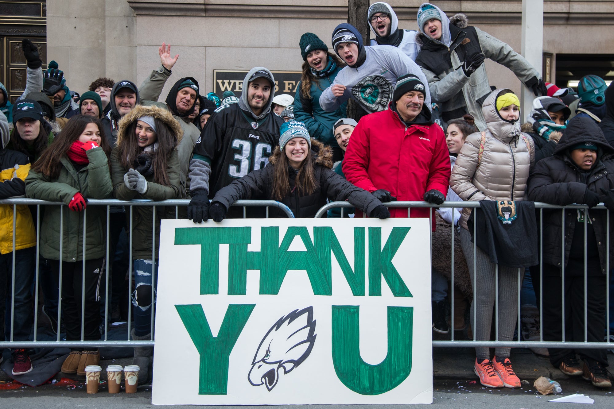 Eagles fans thank the players. Credit: Emily Cohen/WHYY
