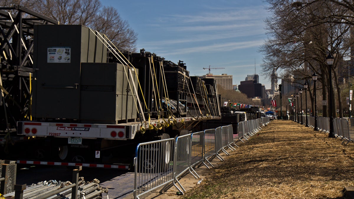 Eakins Oval on the Benjamin Franklin Parkway being taken over for the NFL Draft, April 27 to 29. (Kimberly Paynter/WHYY)