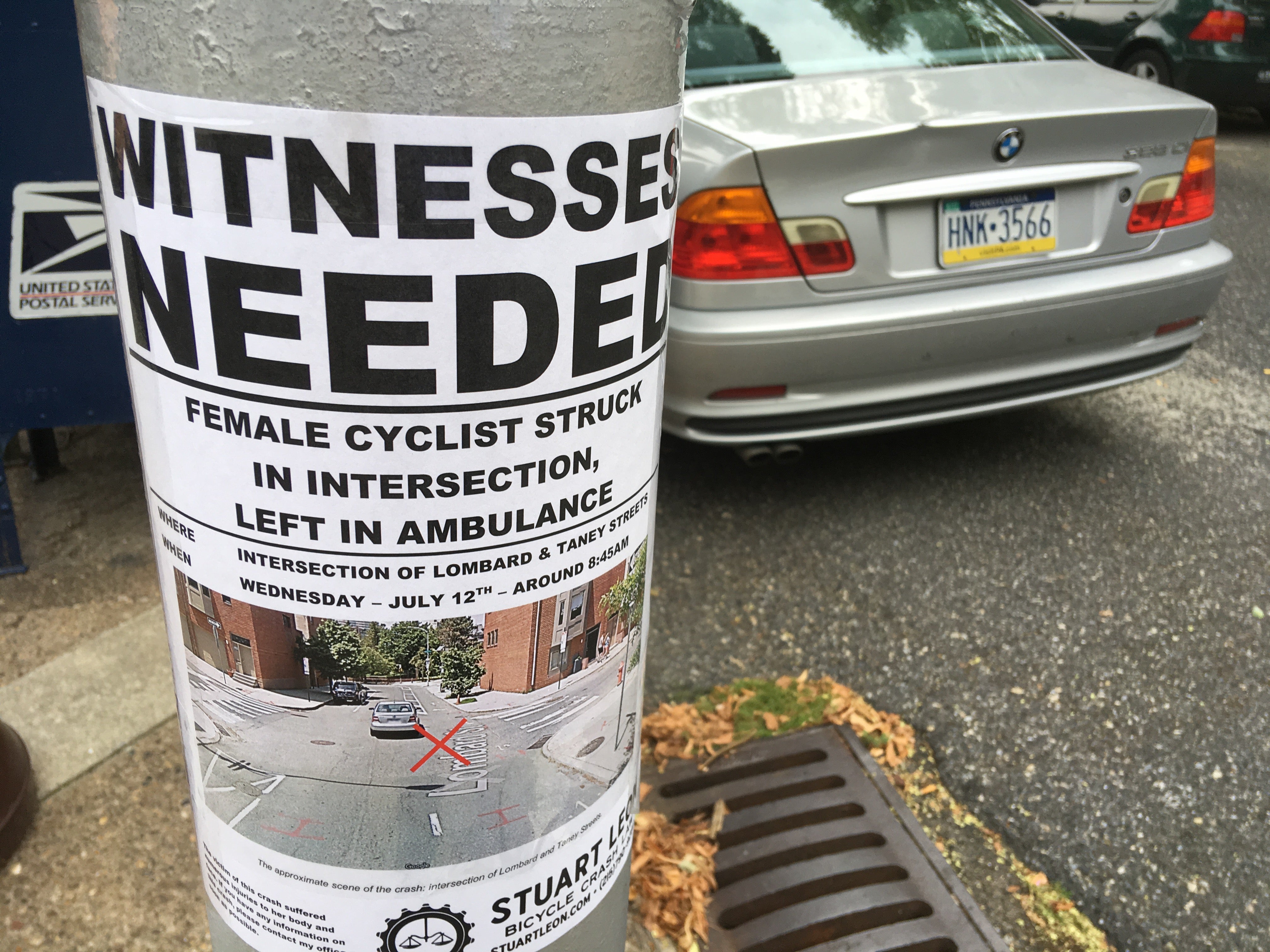 Fliers along Lombard Street in Fitler Square looking for witnesses of a recent car crash that injured a cyclist