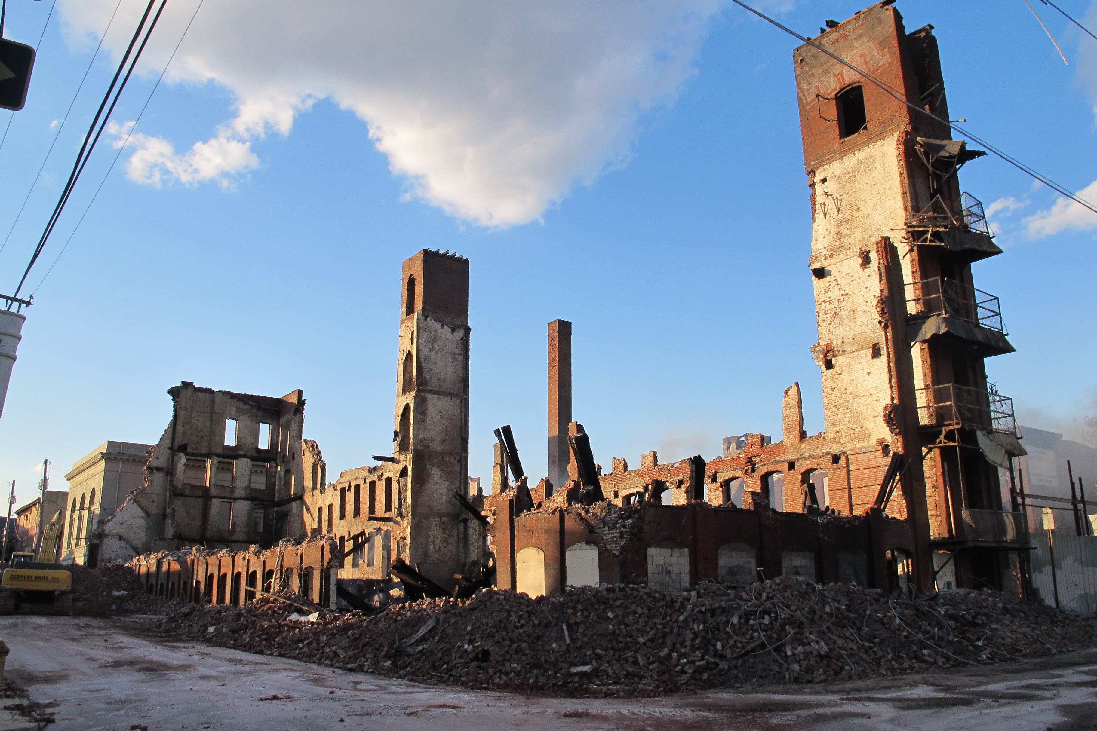 The former Buck Hosiery factory's rubble and charred remains.