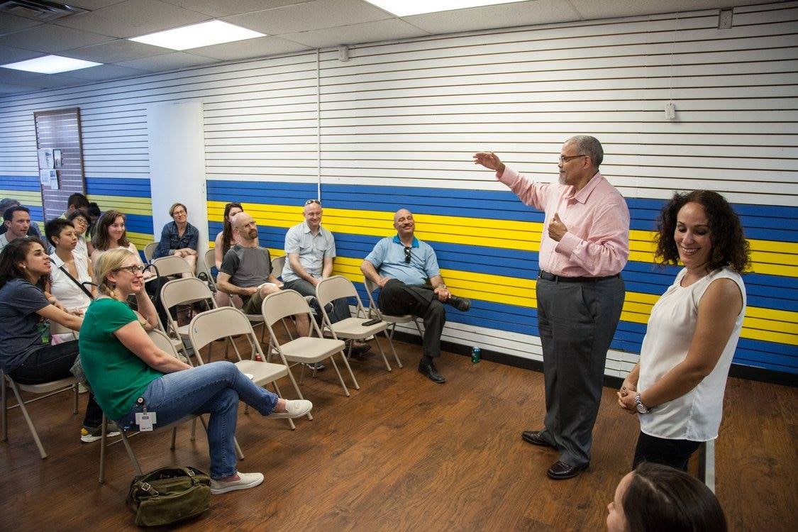 In Porch Light's Kensington Storefront, Felix Torres-Colon discusses NKCDC's work north of Lehigh | Credit: Lowell Brown/NKCDC