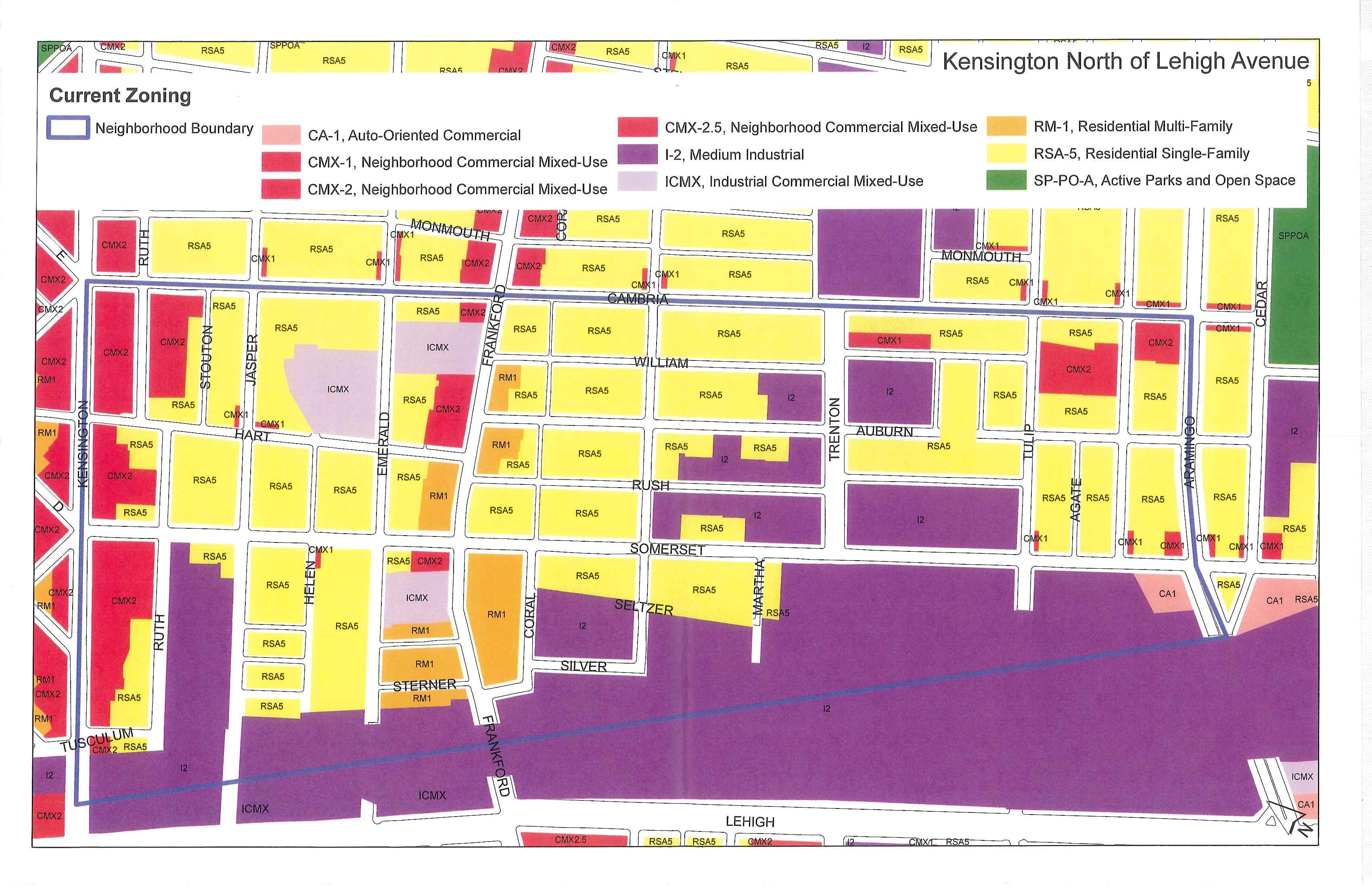 Kensington North of Lehigh Ave current zoning (Jan. 2017)