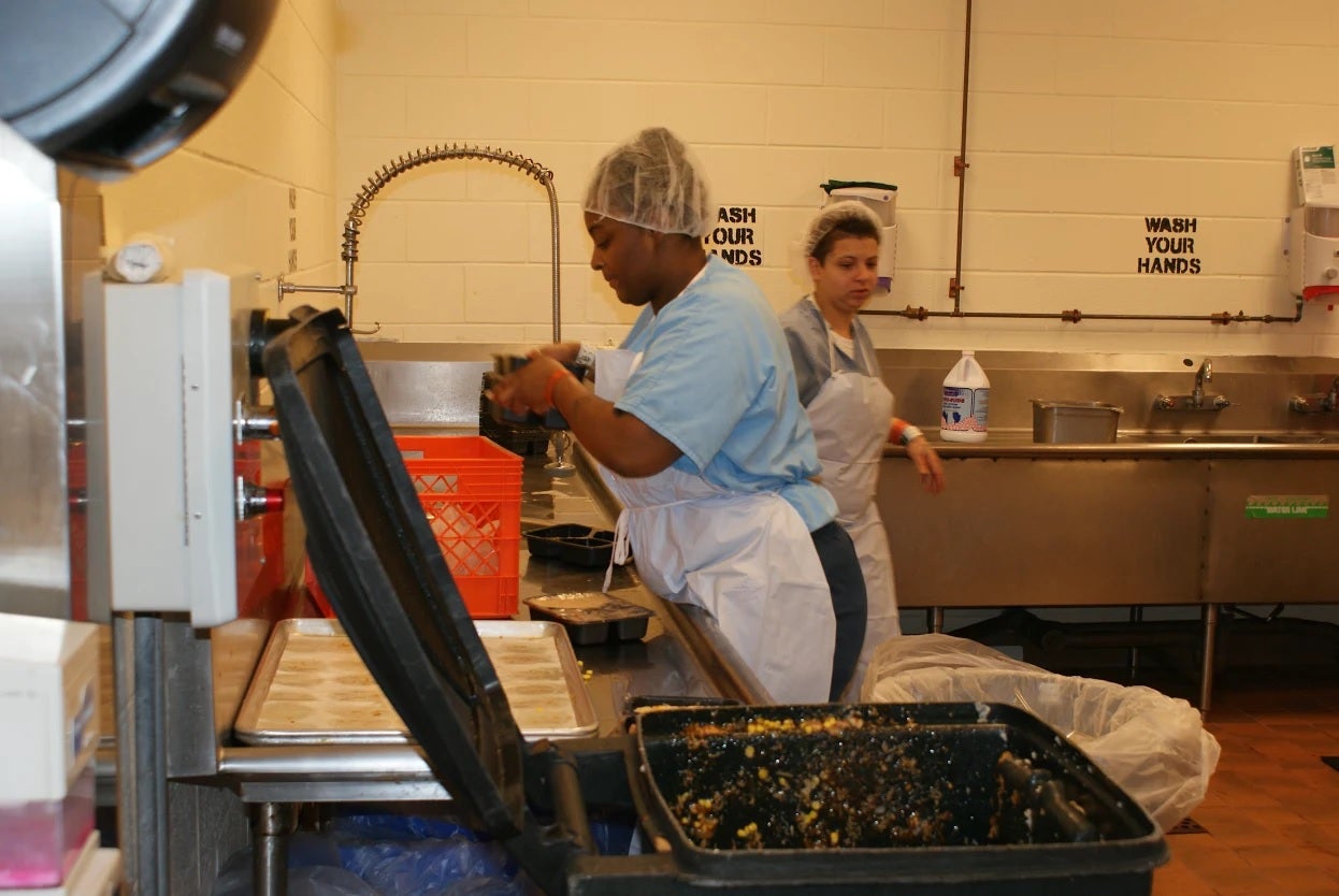 Kitchen food waste separation at Riverside Correctional Facility (RCF), Department of Prisons composting program | Photo courtesy of Laura Cassidy