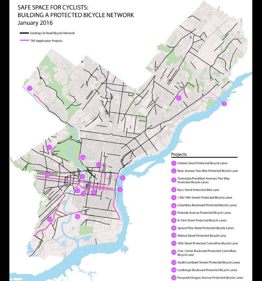 Map showing 15 projects attached to Safe Space for Cyclists TAP Application