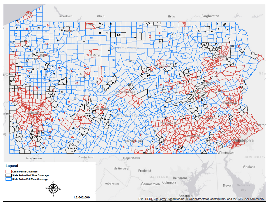 Map shows which areas use their own police forces, and which rely on state police for either full or partial coverage