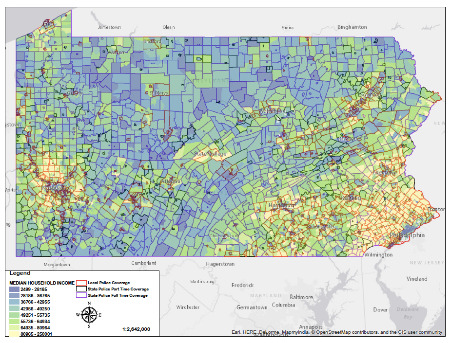Municipalities relying on state police coverage overlain with median household income 