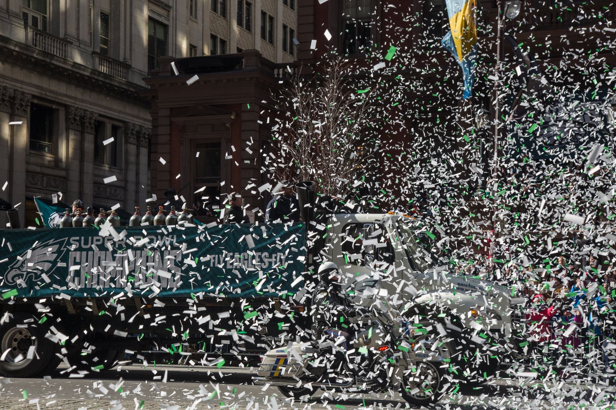 One of the 24 buses at the Eagles Parade. Credit: Emily Cohen/WHYY