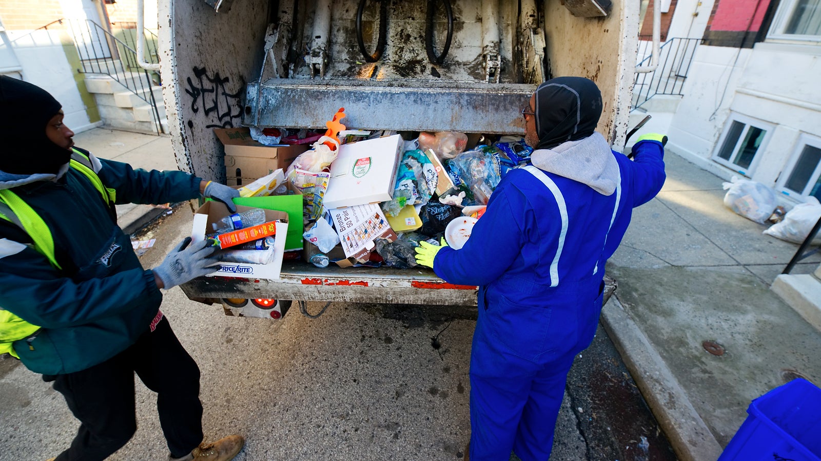 Recyclables collected by a Sanitation Division crew in Point Breeze on February 13th, 2017. (Bastiaan Slabbers for NewsWorks)