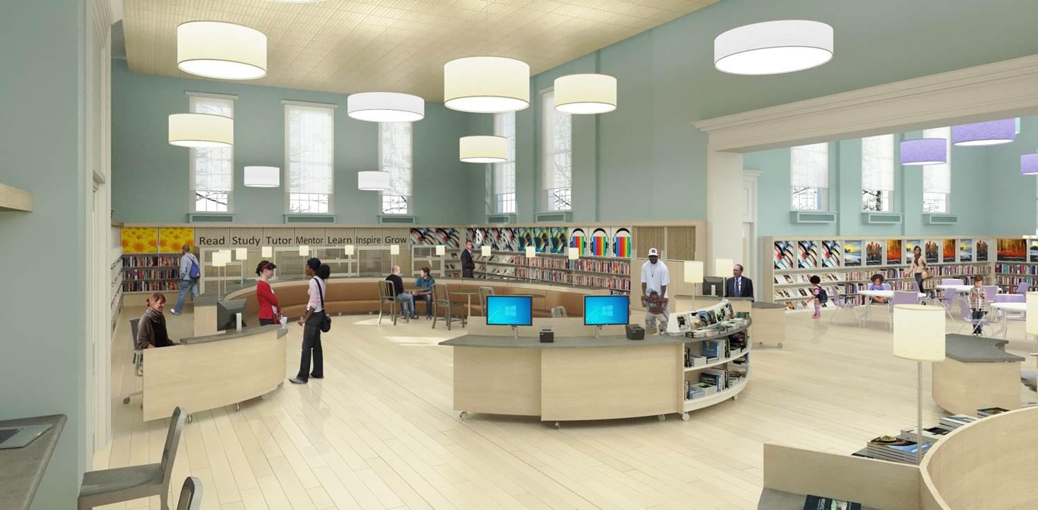 Rendering of Logan Library's new reference desk and entrance atrium