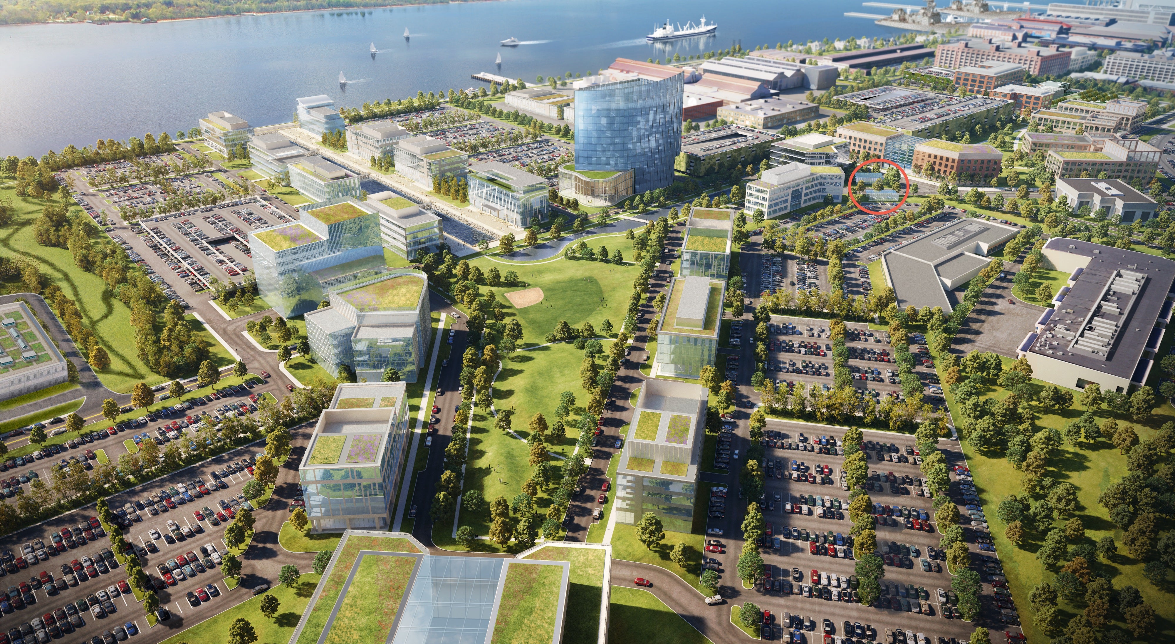 Rendering of Navy Yard with potential subway location circled 