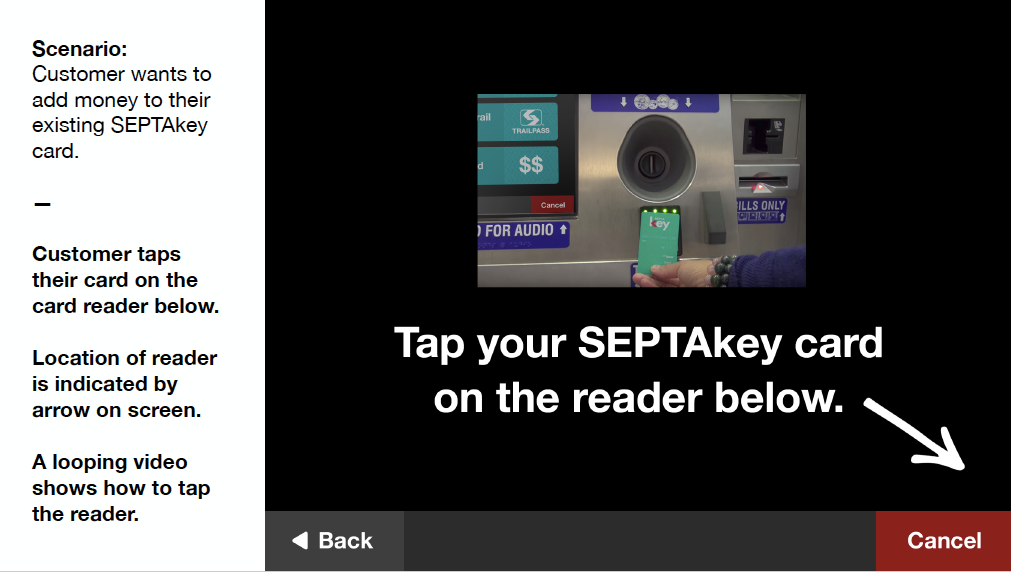 Screenshot of one of the 27 pages of recommendations for improving SEPTA Key. Here: suggested screen for someone who presses add money to existing card