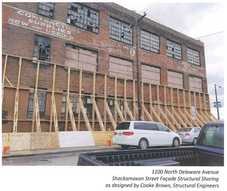 Temporary bracing designed for Shackamaxon Street side of Edward Corner building. | 2017 hardship application, Core Realty 