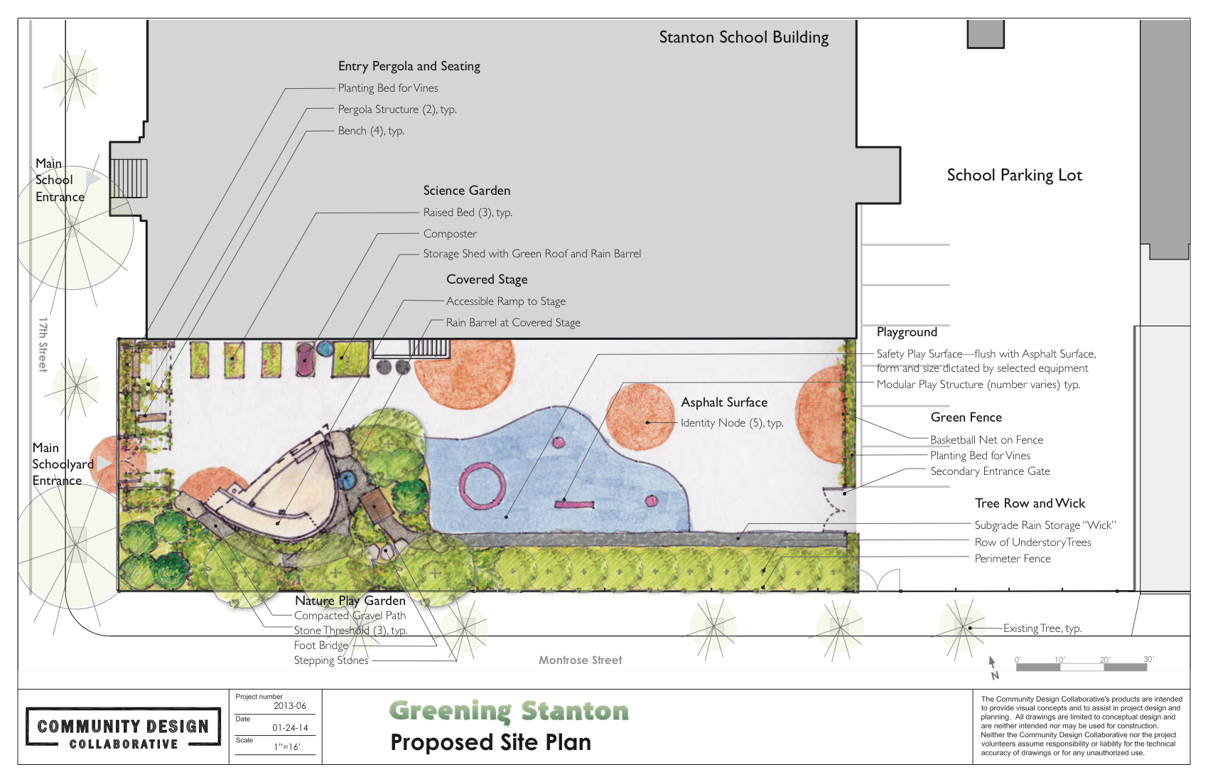 The proposed site plan for greening the Stanton Schoolyard shows a Science Garden, Nature Play, and entry pergola with seating. Credit: Community Design Collaborative