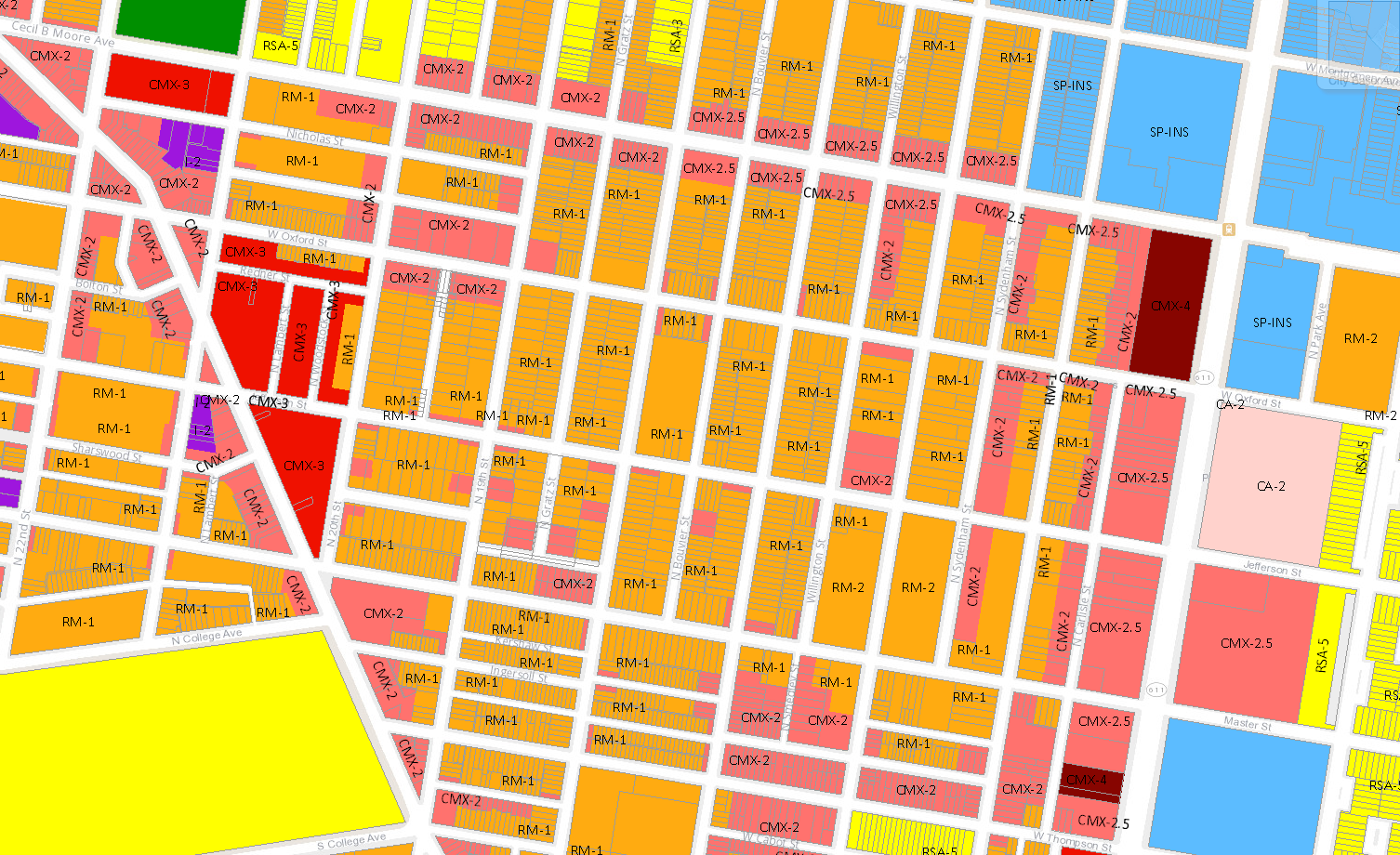 Zoning map detail showing CMX 2.5 and CMX 2 zones in North Philadelphia