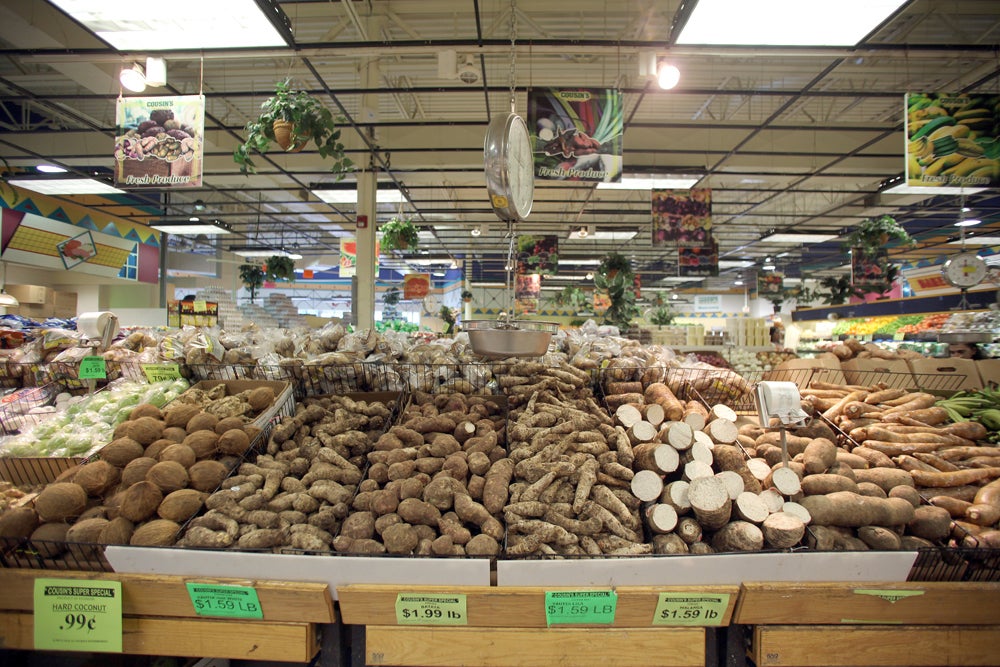 Assorted root vegetables like Cassava, potatoes, and cocunuts