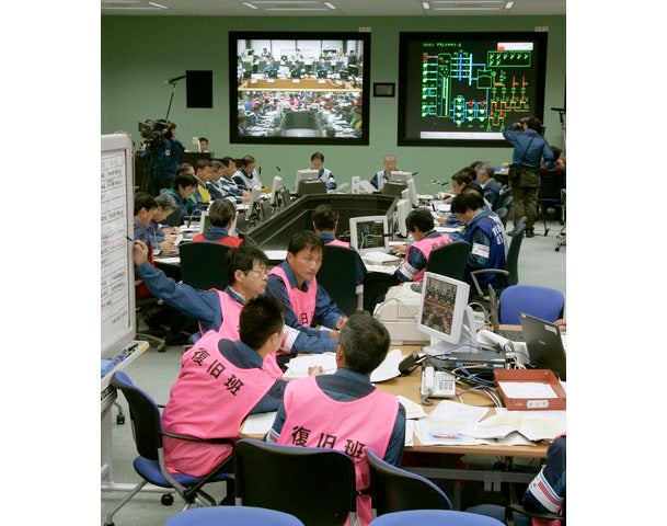 Staff at Tokyo Electric Power Co.'s Fukushima Daiichi Nuclear Power Plant practice countermeasures for a nuclear emergency