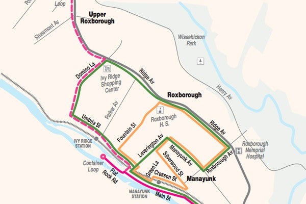A map of the proposed changes to SEPTA's Route 35 bus route. The orange path is the current route; the green is proposed