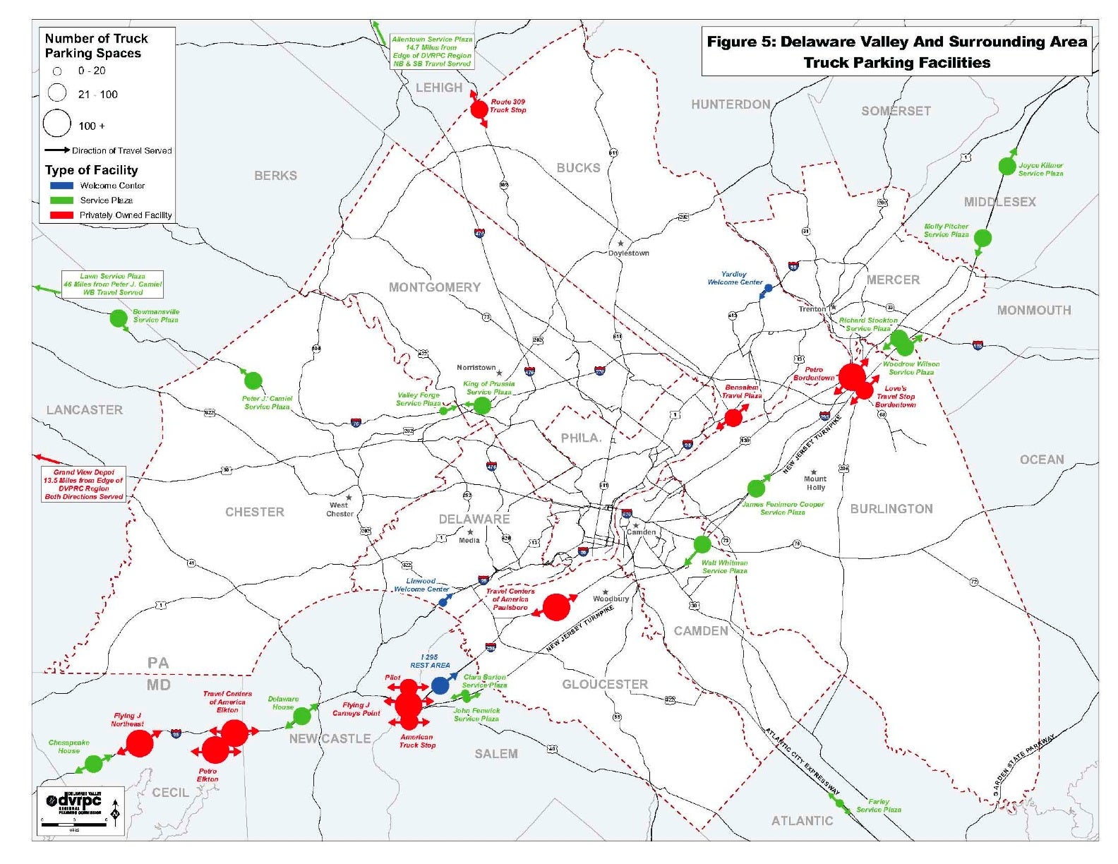 A map of regional truck parking facilities