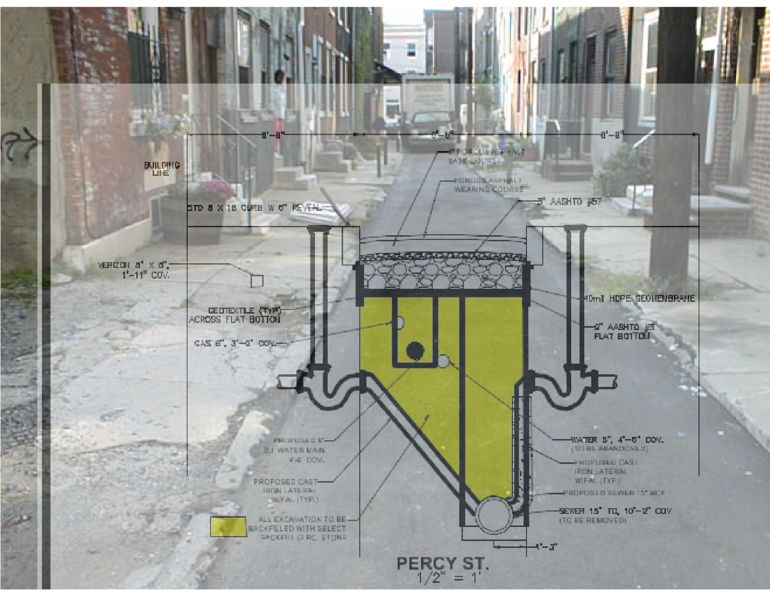 A cross-section of the porous roadbed installed on Percy Street.