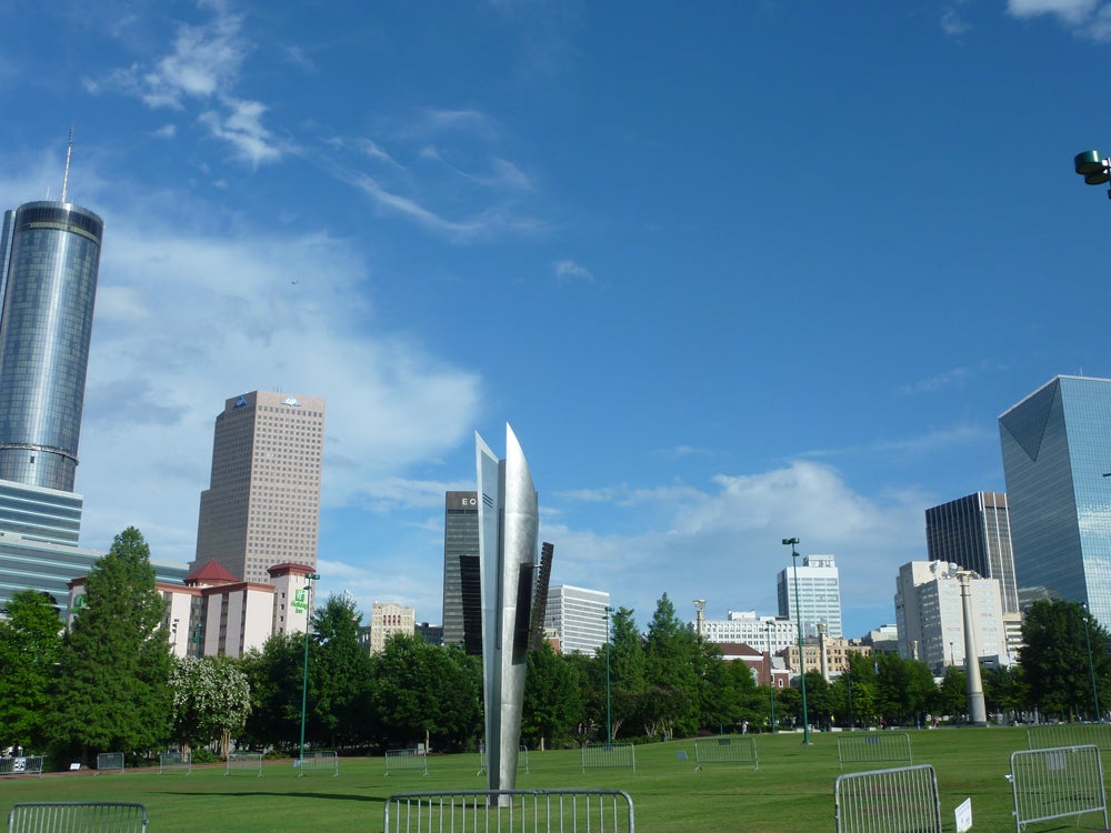 Olympic Park shows off Atlanta's skyscrapers.