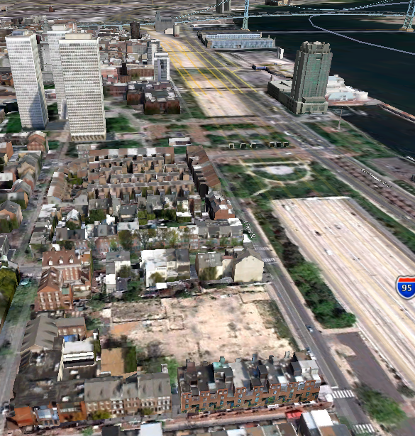 Stamper Square plot — the empty lot in the bottom, center — as seen by Google Earth in July '10