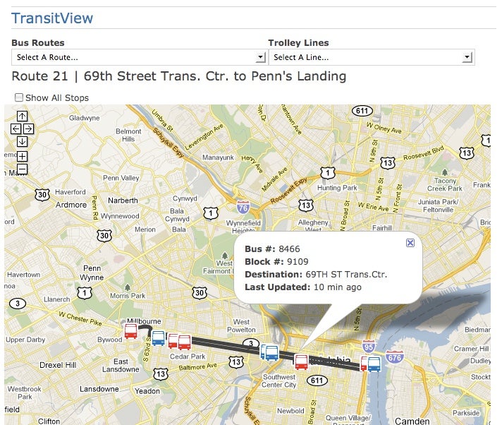 TransitView gives information on each bus, including the last time it sent its location to SEPTA headquarters.