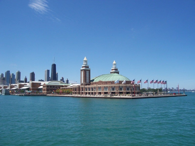 The Navy Pier and city skyline, seen from a tall ship cruise on Lake Michigan.