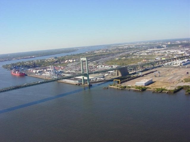 Aerial view of bridge, Packer Avenue and Navy Yard