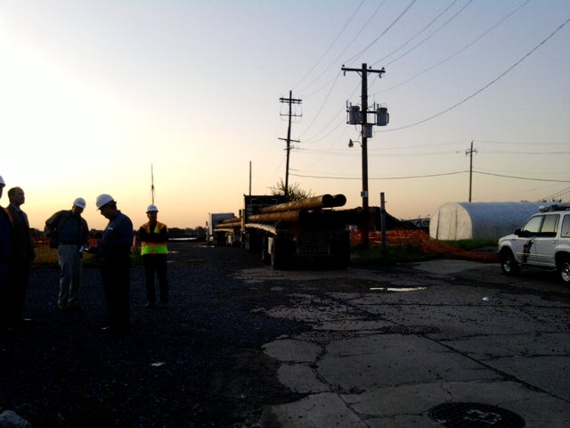 Trucks brought 16 pilings to the site before protestor's blocked the gate.