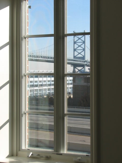 A third-floor view of the Ben Franklin Bridge from the Old City Mercantile.