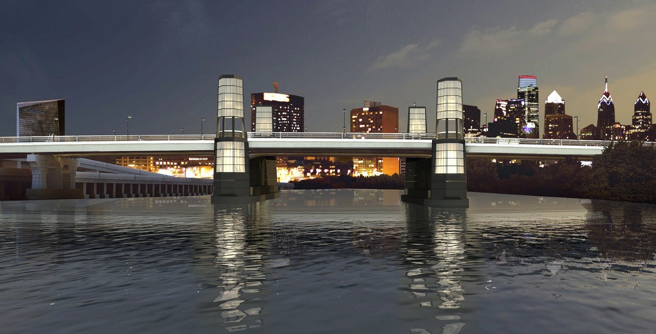 Rendering of the South Street Bridge illuminated.