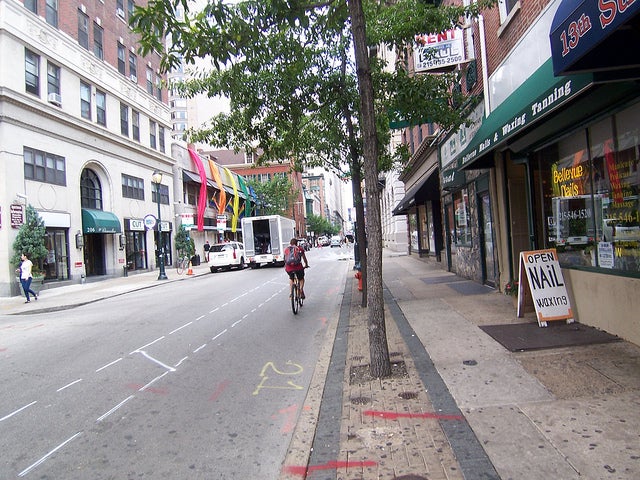 Cyclist in Chalked Bike Lane - 13th Street, June 17, 2011 | Bicycle Coalition of Greater Philadelphia