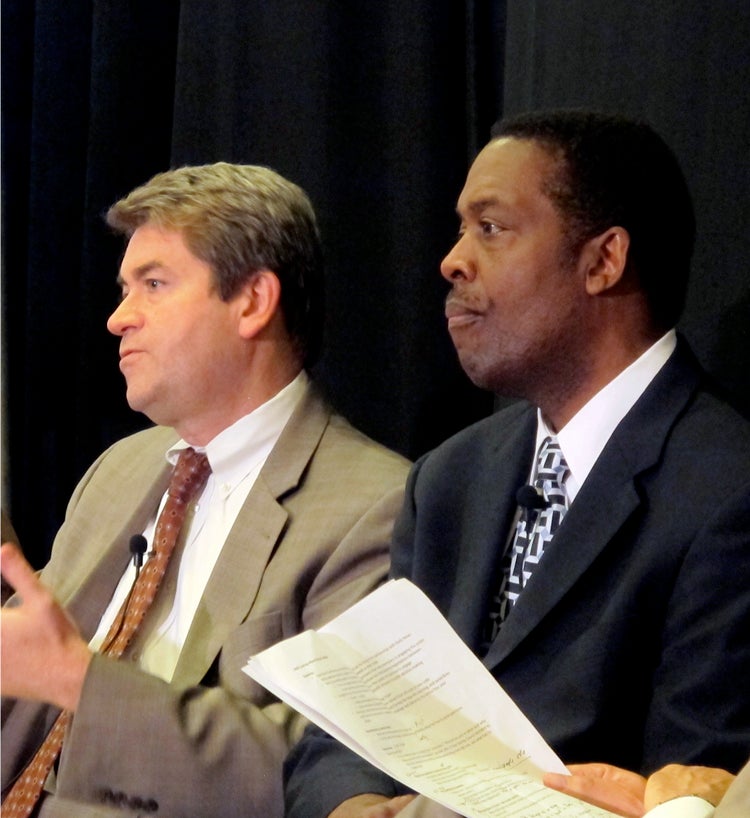 Fifth District Councilman Darrell Clarke, left, with Councilman At-Large Bill Green at a zoning reform forum this fall.
